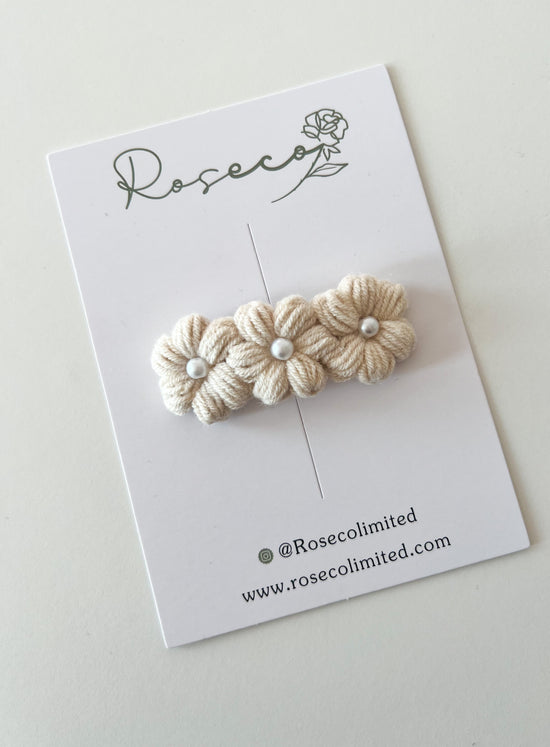 Beige Trio Pearl Flower Crochet Clip