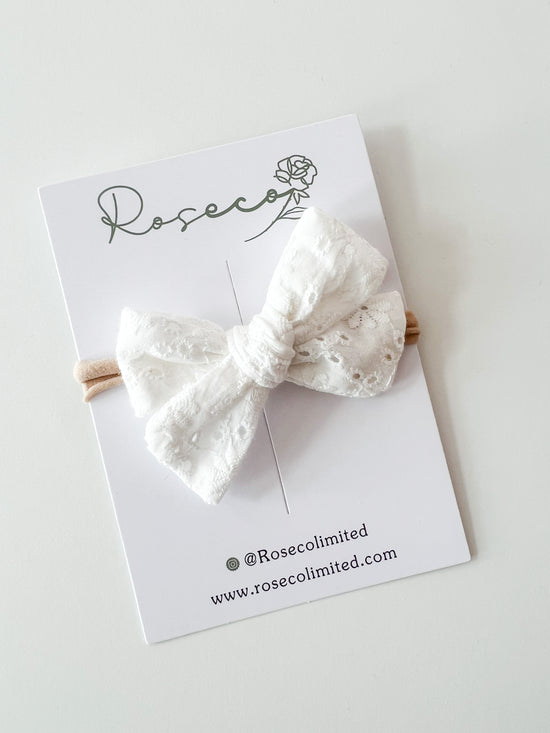 White Embroidered Bow Headband